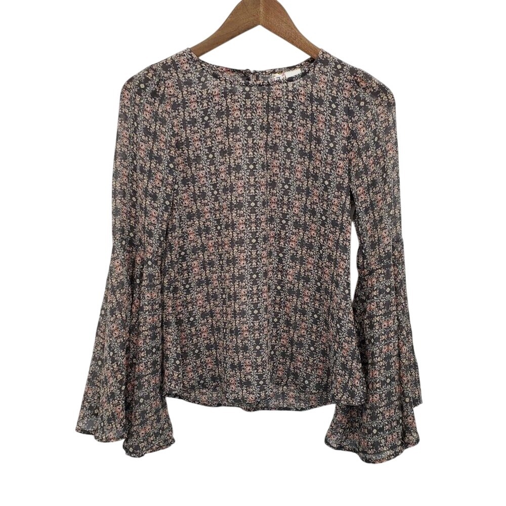 Mimi Chica Womens Floral Bell Sleeve Boho Top Blouse Size XS Gray Orange Yellow